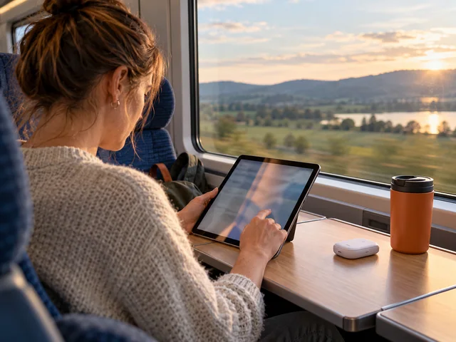 Reisende nutzt ihr Tablet neben einem mobilen Hotspot im Zug