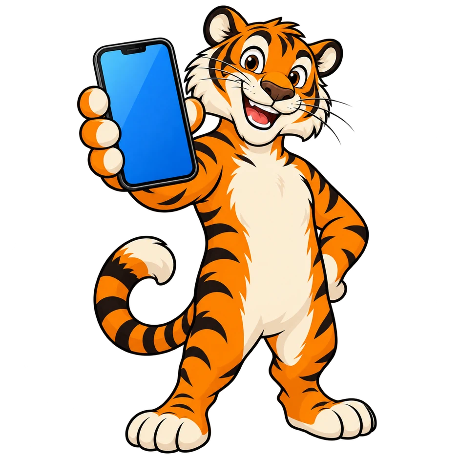 Der freundliche HandyTiger zeigt sein Smartphone